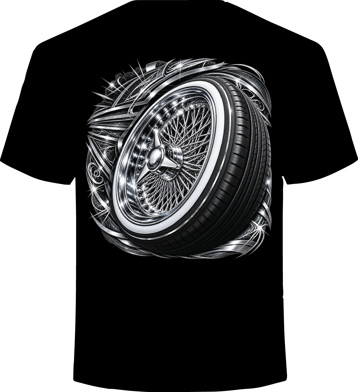 Chrome & Whitewall – Lowrider Wire Wheel Tee  Classic Style. Chrome Attitude. Lowrider Tradition.
